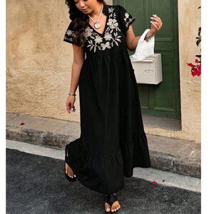 Plus Floral Embroidered Frill Neck Short Sleeve Ruffle Hem Dress